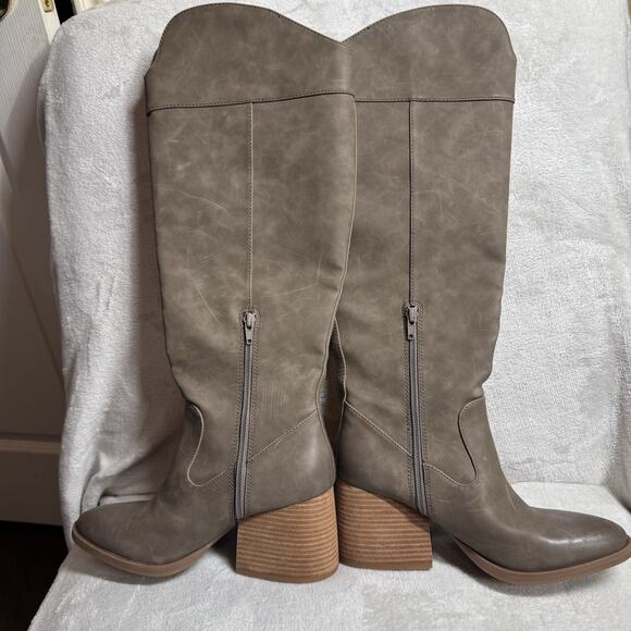 Korks Tall Boot Women 7.5M Brown Block Heel Suede Faux Leather Western Slip On - Picture 3 of 12